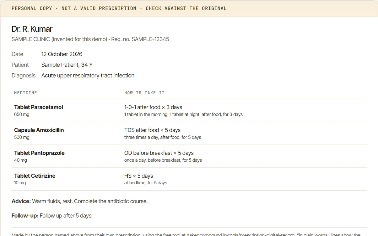 A sample digital prescription record marked 'Personal copy, not a valid prescription', listing four medicines with their doses, such as Tablet Paracetamol 650 mg, 1-0-1 after food for 3 days, spelled out in plain words.