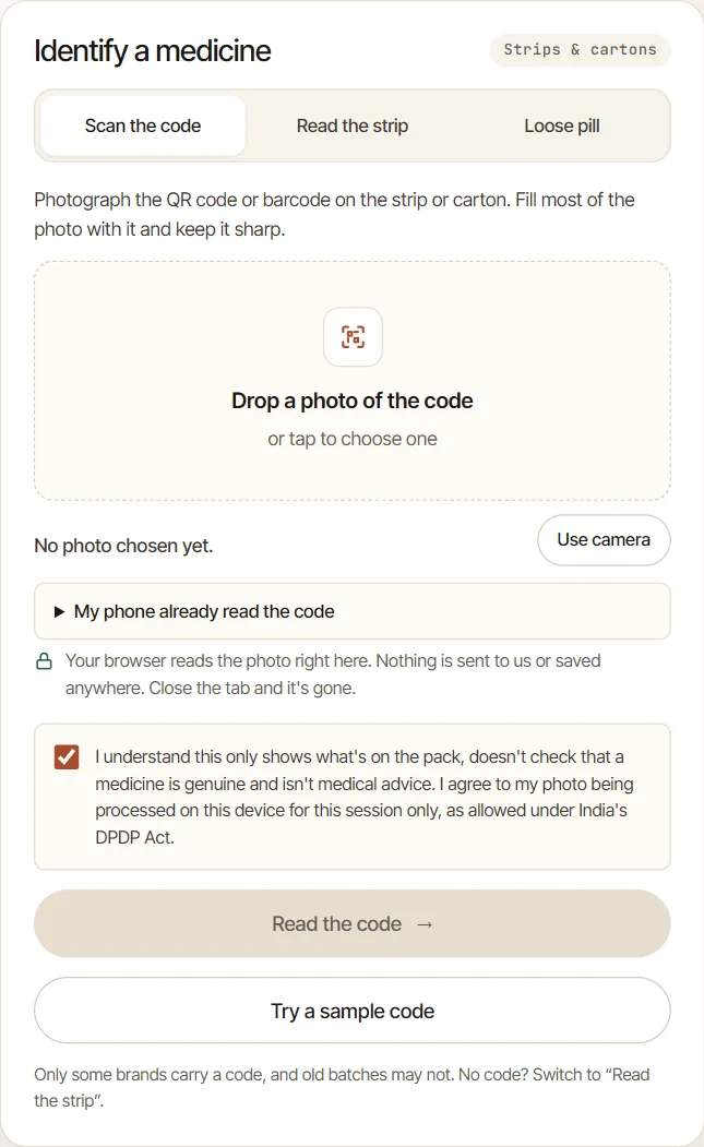 The Pill Identifier upload card with three tabs: Scan the code, Read the strip and Loose pill. The Scan the code tab is open, with a drop area for a photo, a Use camera button, a "My phone already read the code" box, the consent checkbox ticked, and a Read the code button.