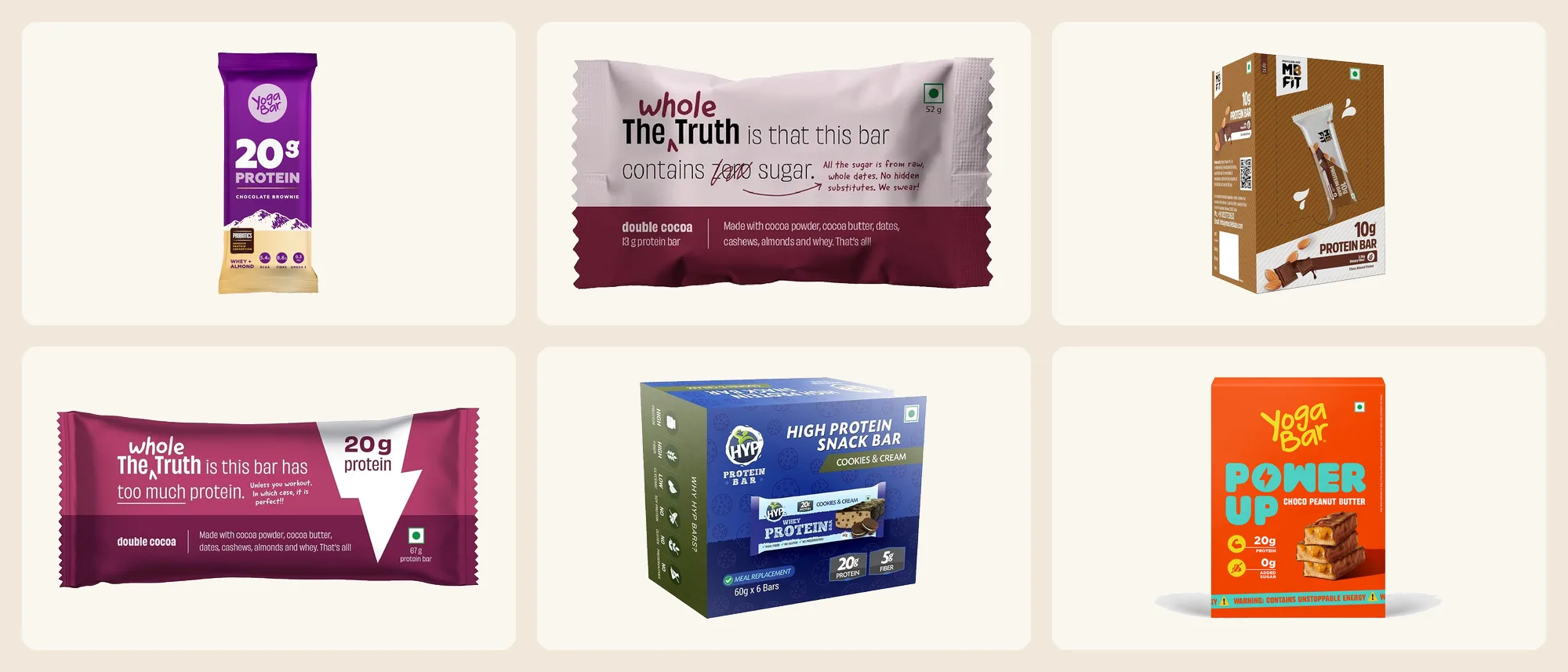 Six of our picks: Yogabar 20g Chocolate Brownie, The Whole Truth Double Cocoa, MuscleBlaze Choco Almond, The Whole Truth Double Cocoa Pro, HYP Whey Protein Bar and Yogabar Power Up