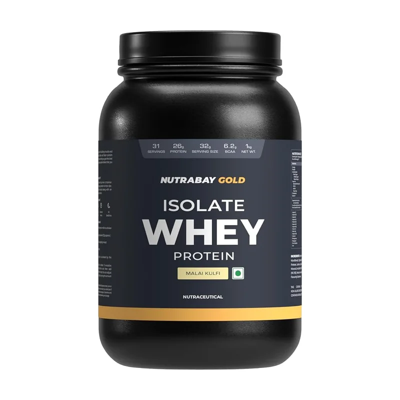 Nutrabay Gold Isolate Whey Protein tub, malai kulfi