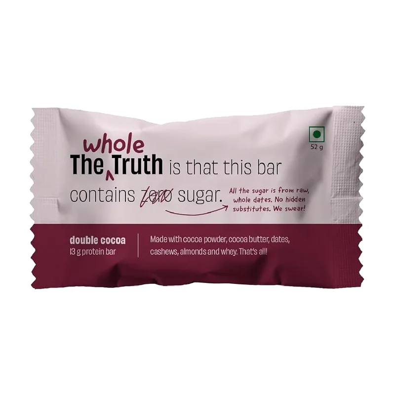 The Whole Truth Protein Bar Double Cocoa 52 g wrapper, 13 g protein, sweetened with dates
