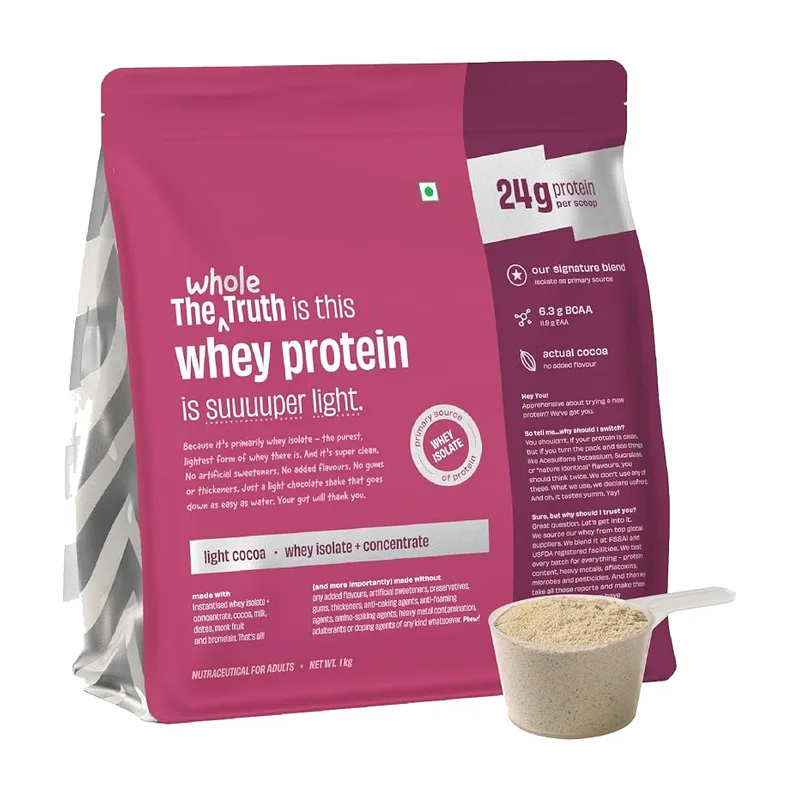 The Whole Truth Whey Protein Light Cocoa 1 kg pouch, 24 g protein
