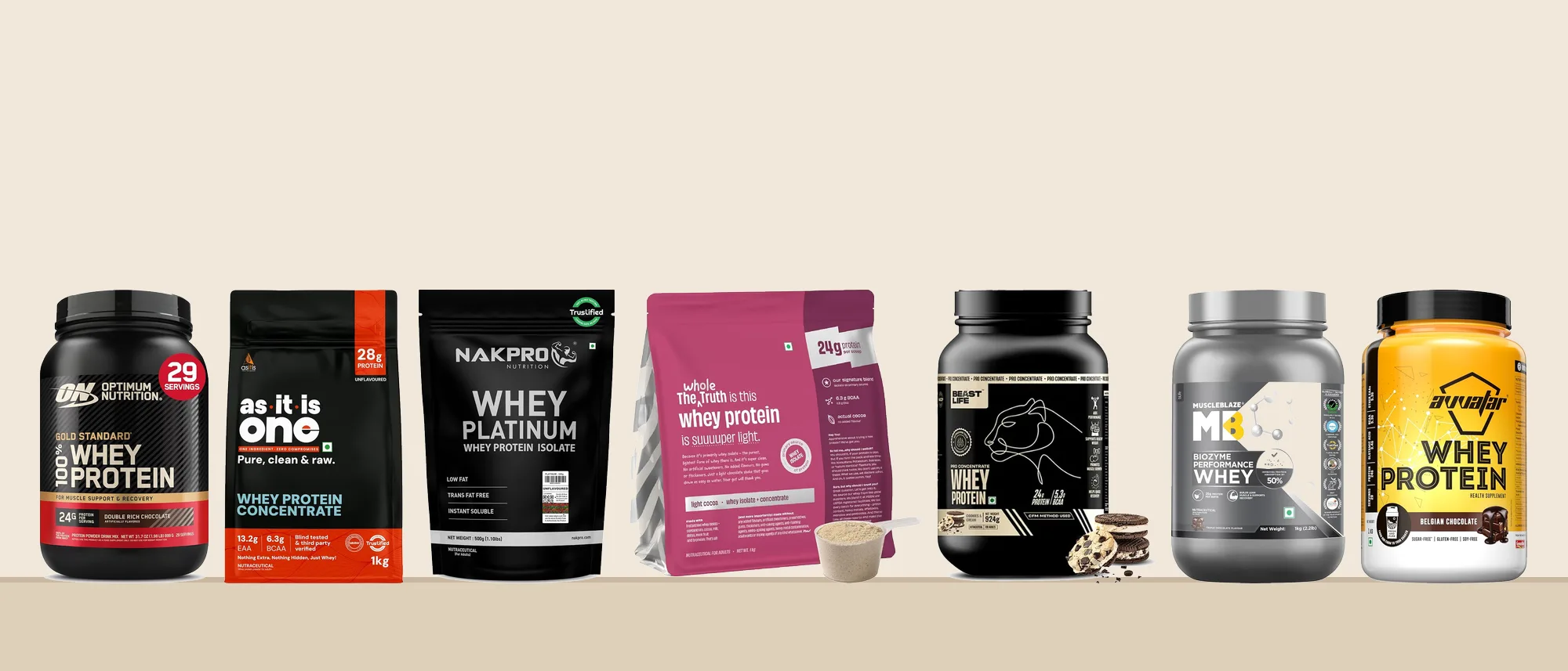 Seven of our top 10 whey proteins on a shelf: ON Gold Standard, AS-IT-IS ONE, Nakpro Platinum, The Whole Truth, Beastlife Pro, MuscleBlaze Biozyme and Avvatar