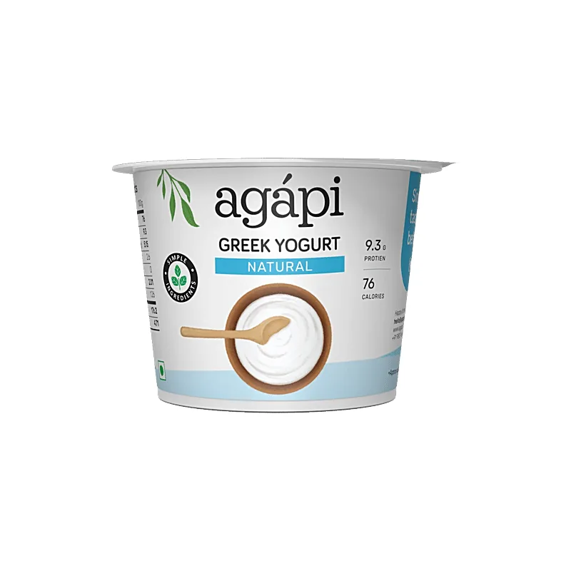 Agapi natural Greek yogurt cup showing 9.3 g protein and 76 calories