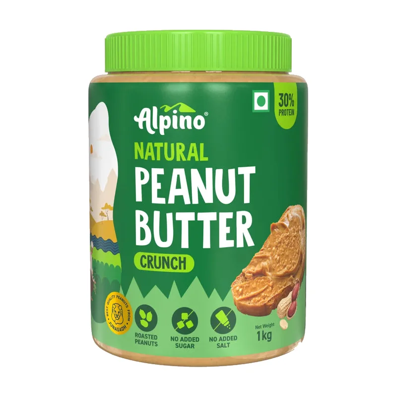 Alpino Natural Peanut Butter Crunch 1 kg jar, 30% protein, no added sugar or salt