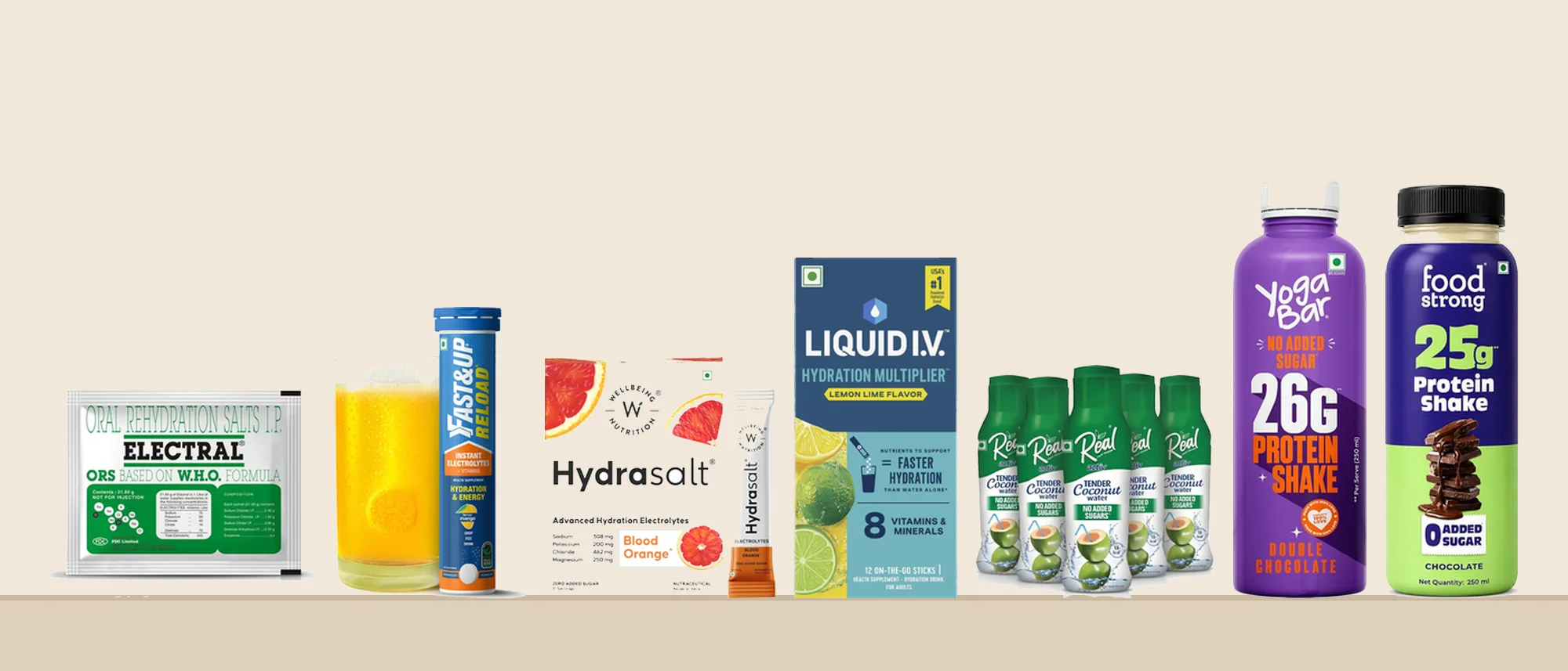 Electral ORS, Fast&Up Reload, Wellbeing HydraSalt, Liquid I.V., Real coconut water, Yogabar and Foodstrong protein shakes on a shelf