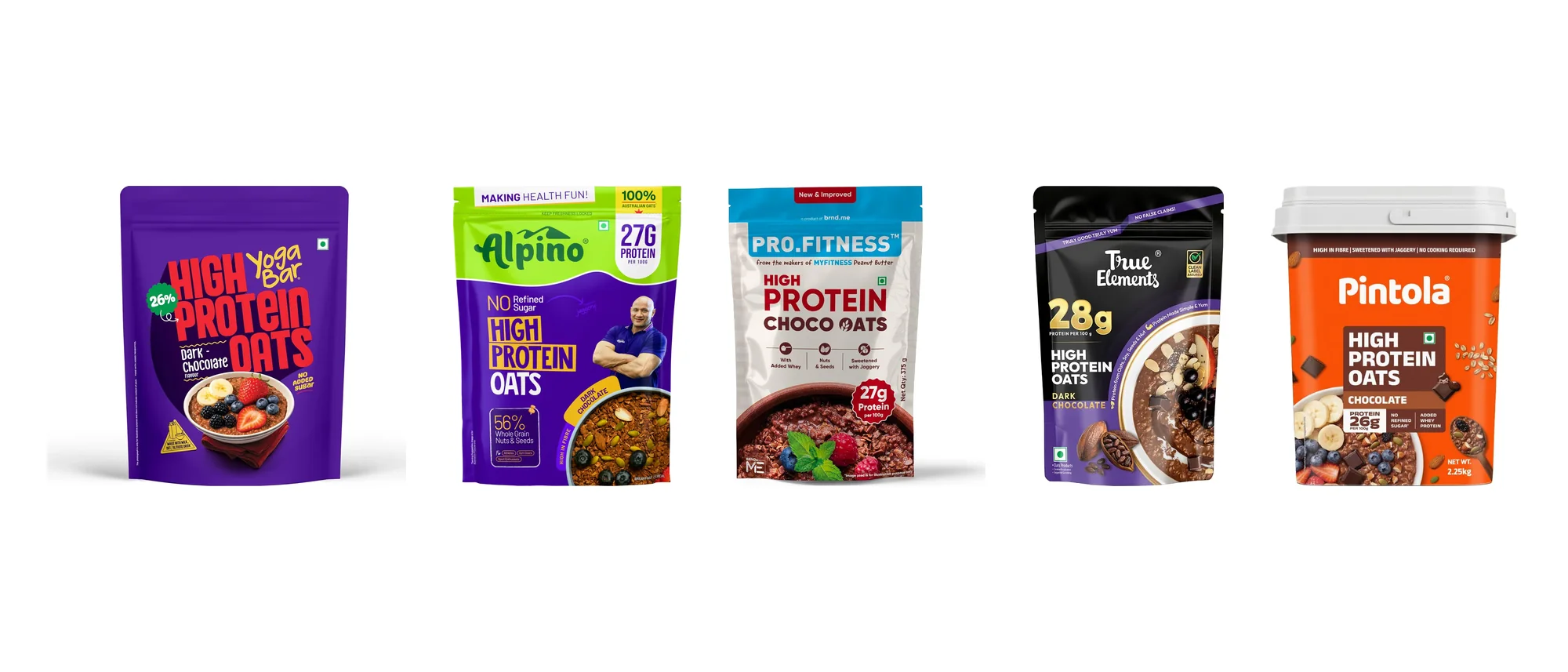 Five of our seven picks: Yogabar 26g, Alpino 27g, Pro.Fitness 27g, True Elements 28g and Pintola High Protein Oats