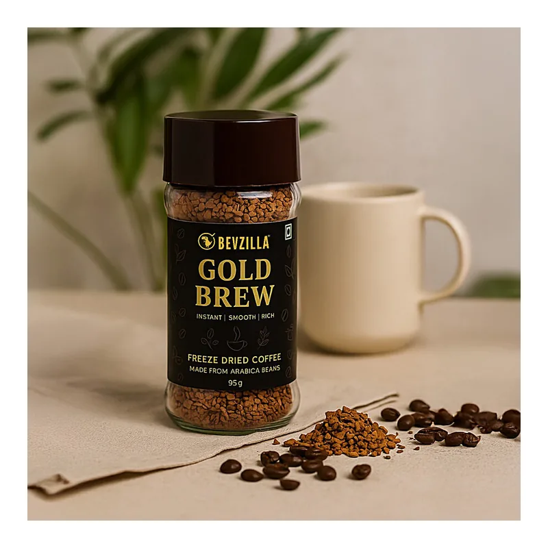 Bevzilla Gold Brew freeze dried coffee jar beside a mug and coffee beans