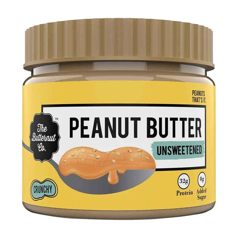 The Butternut Co. Natural Peanut Butter Unsweetened Crunchy jar, 32 g protein, 0 g added sugar