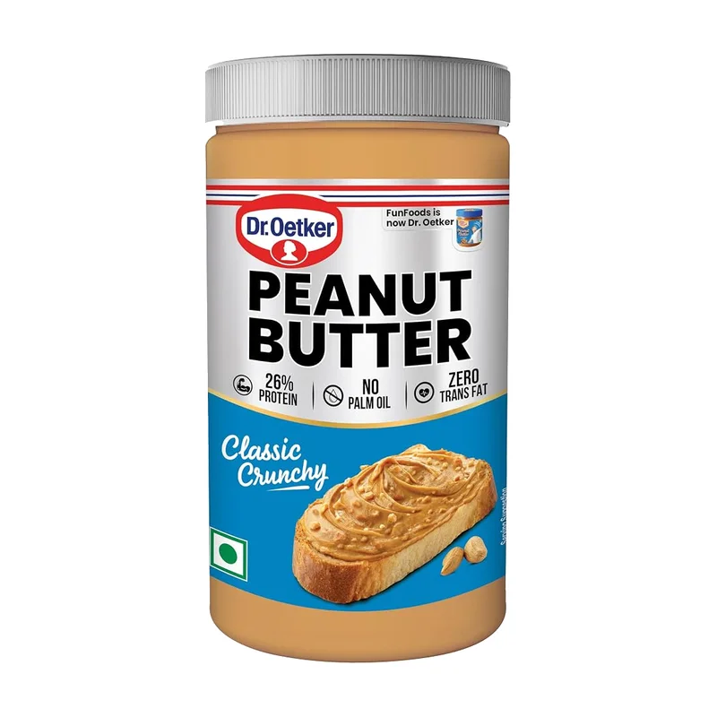 Dr. Oetker FunFoods Peanut Butter Classic Crunchy jar, 26% protein, no palm oil