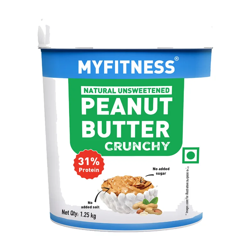 MyFitness Natural Unsweetened Peanut Butter Crunchy tub, 31% protein, no added sugar or salt