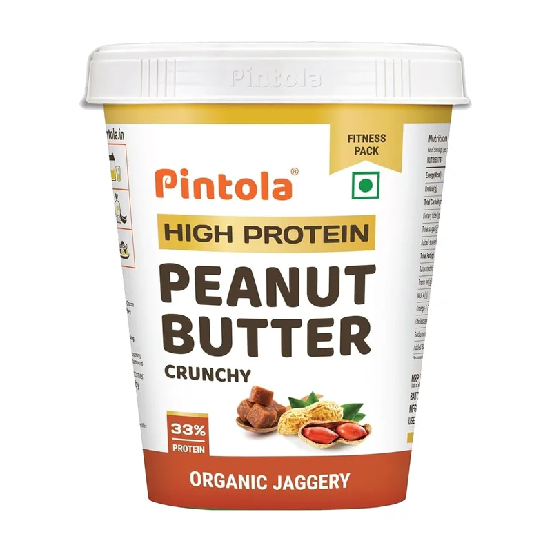 Pintola High Protein Peanut Butter Organic Jaggery Crunchy tub, 33% protein