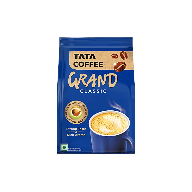 Tata Coffee Grand Classic instant coffee pouch with flavour locked decoction crystals