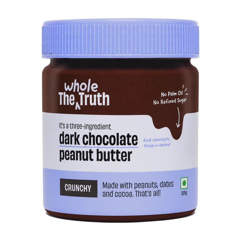 The Whole Truth Dark Chocolate Peanut Butter Crunchy jar made with peanuts, dates and cocoa