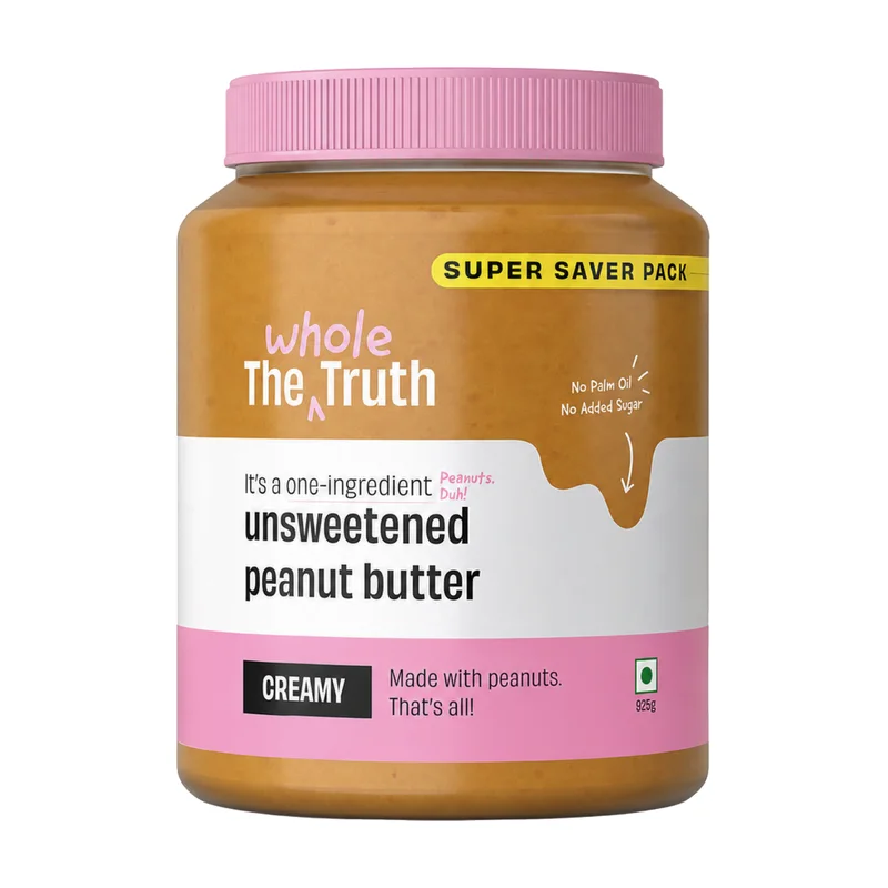 The Whole Truth Unsweetened Peanut Butter Creamy jar, one ingredient: peanuts