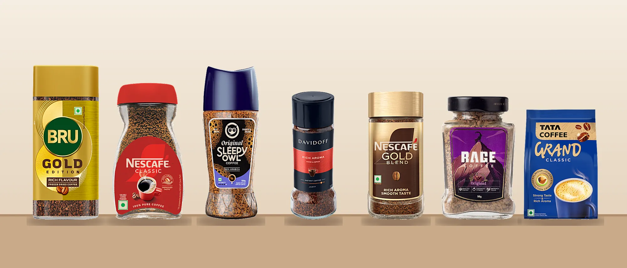 Seven of our ten picks on a shelf: Bru Gold, Nescafé Classic, Sleepy Owl Original, Davidoff Rich Aroma, Nescafé Gold Blend, Rage Coffee and Tata Coffee Grand