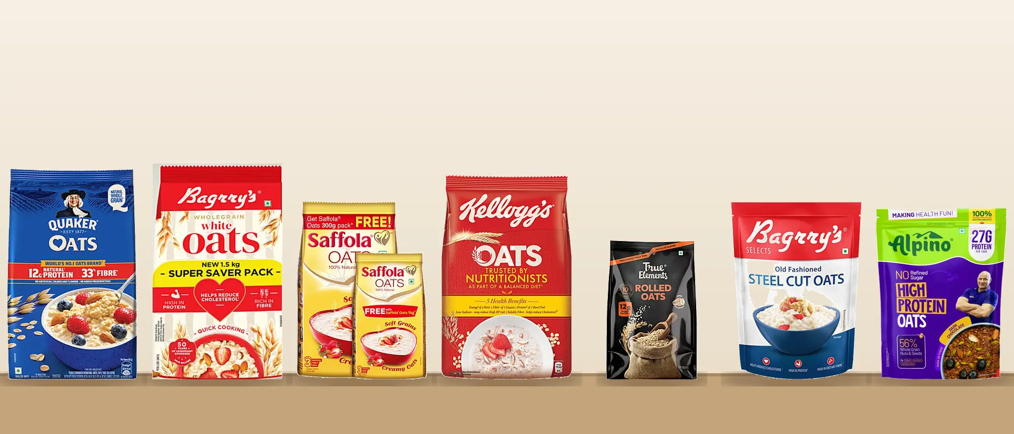 Seven of our eight picks on a shelf: Quaker Oats, Bagrry's White Oats, Saffola Oats, Kellogg's Oats, True Elements Rolled Oats, Bagrry's Steel Cut Oats and Alpino High Protein Oats