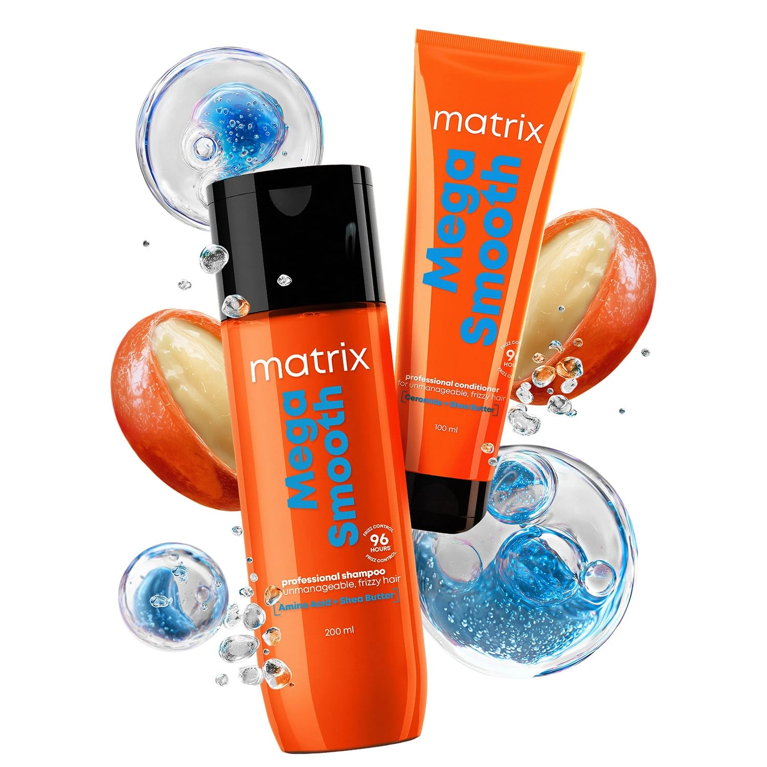 Matrix Mega Smooth professional shampoo 200 ml and conditioner 100 ml in orange packs, for frizzy, unmanageable hair, with shea butter