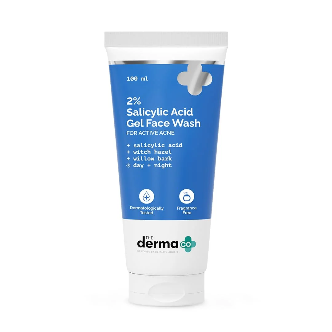 The Derma Co 2% Salicylic Acid Gel Face Wash 100 ml tube for active acne, with witch hazel and willow bark