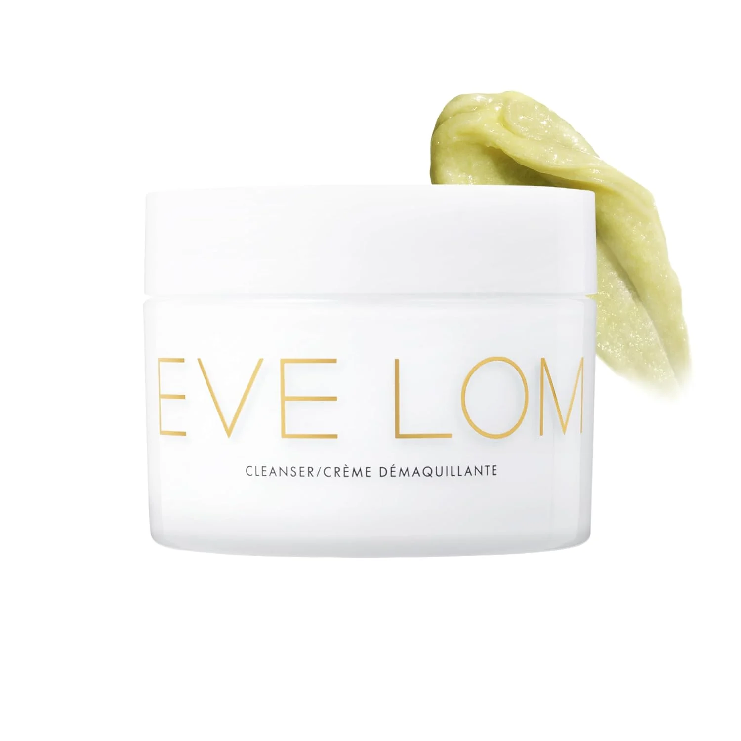 Eve Lom Cleanser 100 ml white jar with gold lettering and a swatch of the balm
