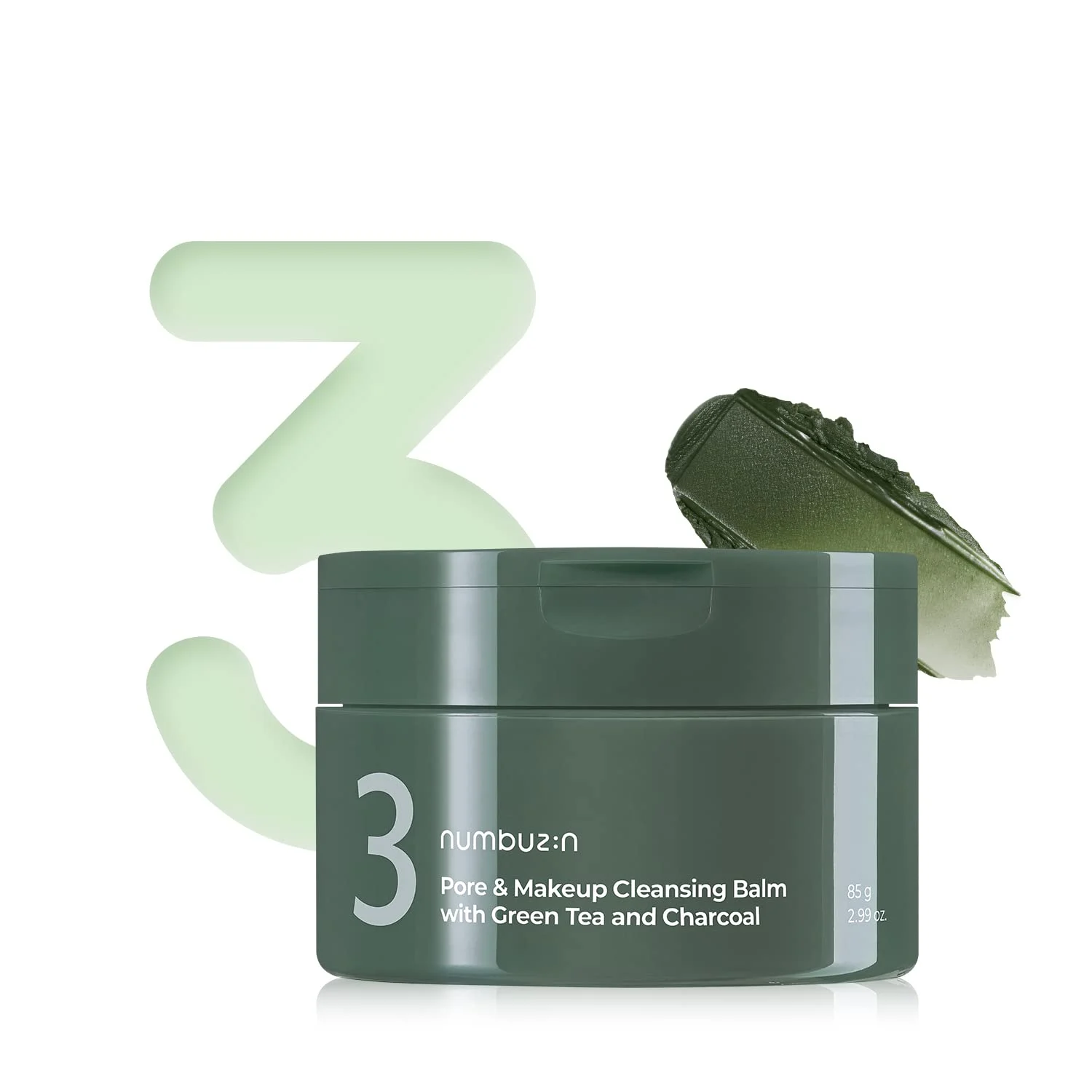 numbuzin No.3 Pore & Makeup Cleansing Balm with Green Tea and Charcoal, 85 g green jar with a swatch of the balm
