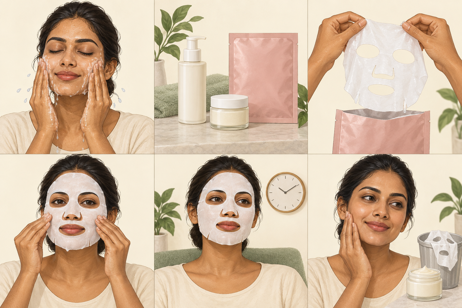 Illustration of a woman gently cleansing her face with clean fingertips.