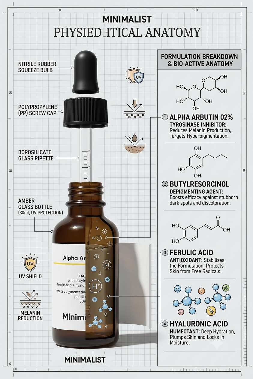Minimalist Alpha Arbutin 02% physiedhtical anatomy — Nitrile Rubber Squeeze Bulb, Polypropylene Screw Cap, Borosilicate Glass Pipette, Amber Glass Bottle (30ml, UV Protection), with formulation breakdown: Alpha Arbutin 02% (Tyrosinase Inhibitor), Butylresorcinol (Depigmenting Agent), Ferulic Acid (Antioxidant, free radical protection), Hyaluronic Acid (Humectant, deep hydration)