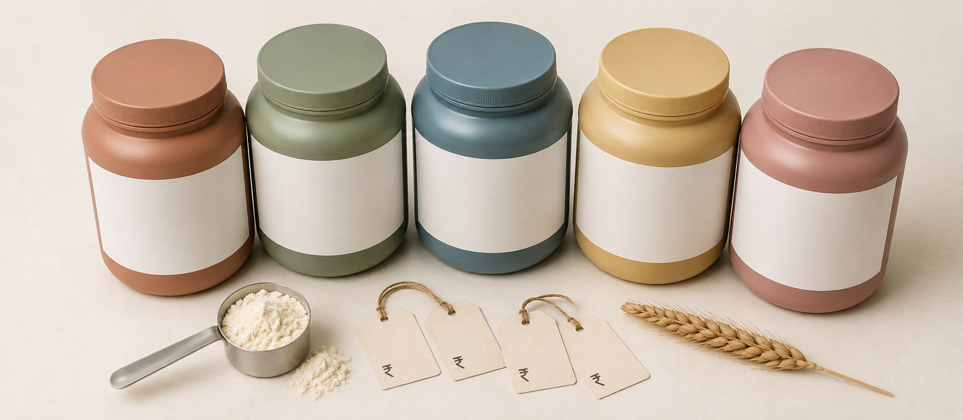 Flat-lay of five budget whey protein tubs from Indian brands with a measuring scoop and rupee price tags, muted clinical lab aesthetic
