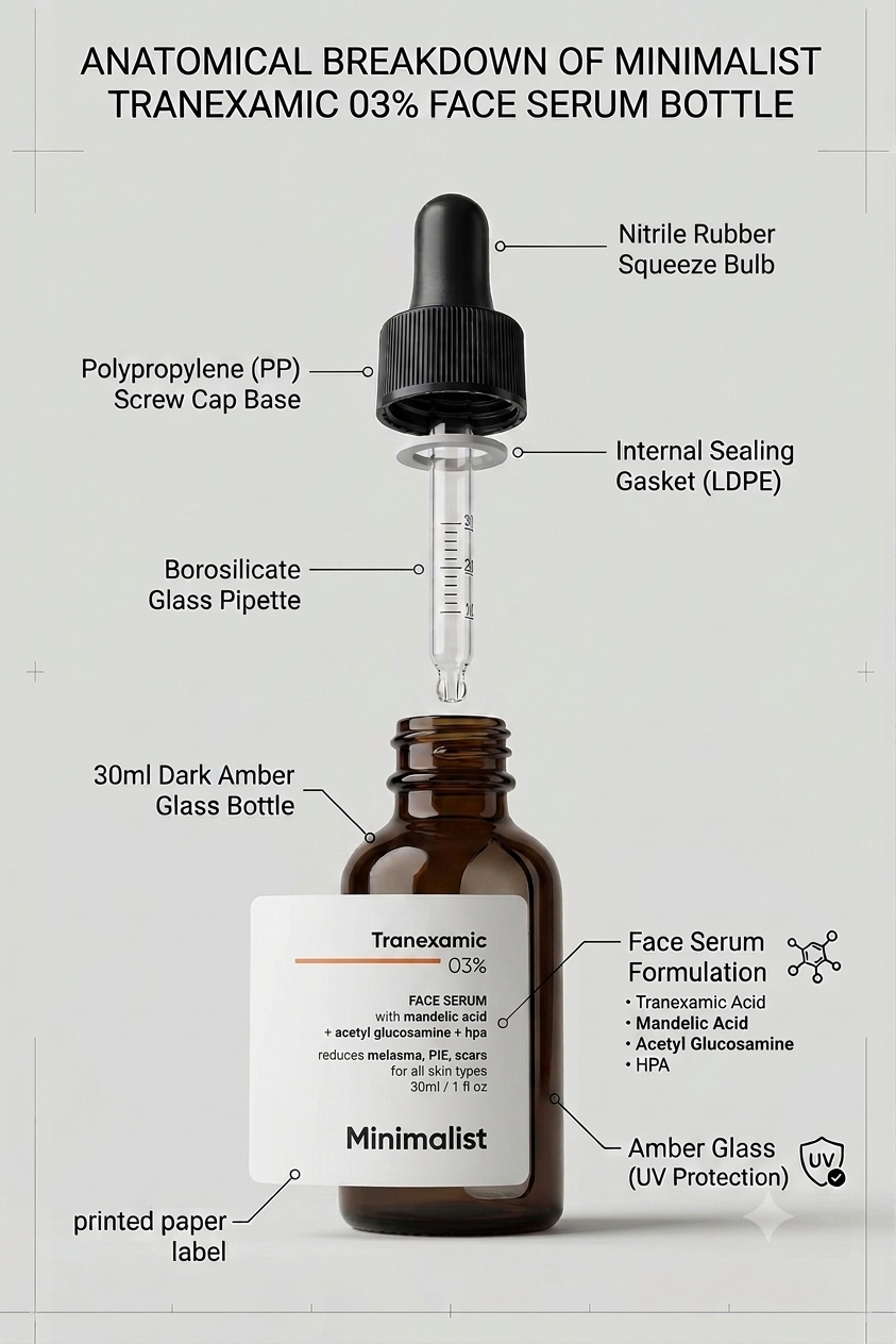Anatomical breakdown of Minimalist Tranexamic 03% Face Serum — Nitrile Rubber Squeeze Bulb, Polypropylene Screw Cap, Internal Sealing Gasket (LDPE), Borosilicate Glass Pipette, 30ml Dark Amber Glass Bottle, face serum formulation with Tranexamic Acid 03%, Mandelic Acid, Acetyl Glucosamine, and HPA, UV-protective amber glass